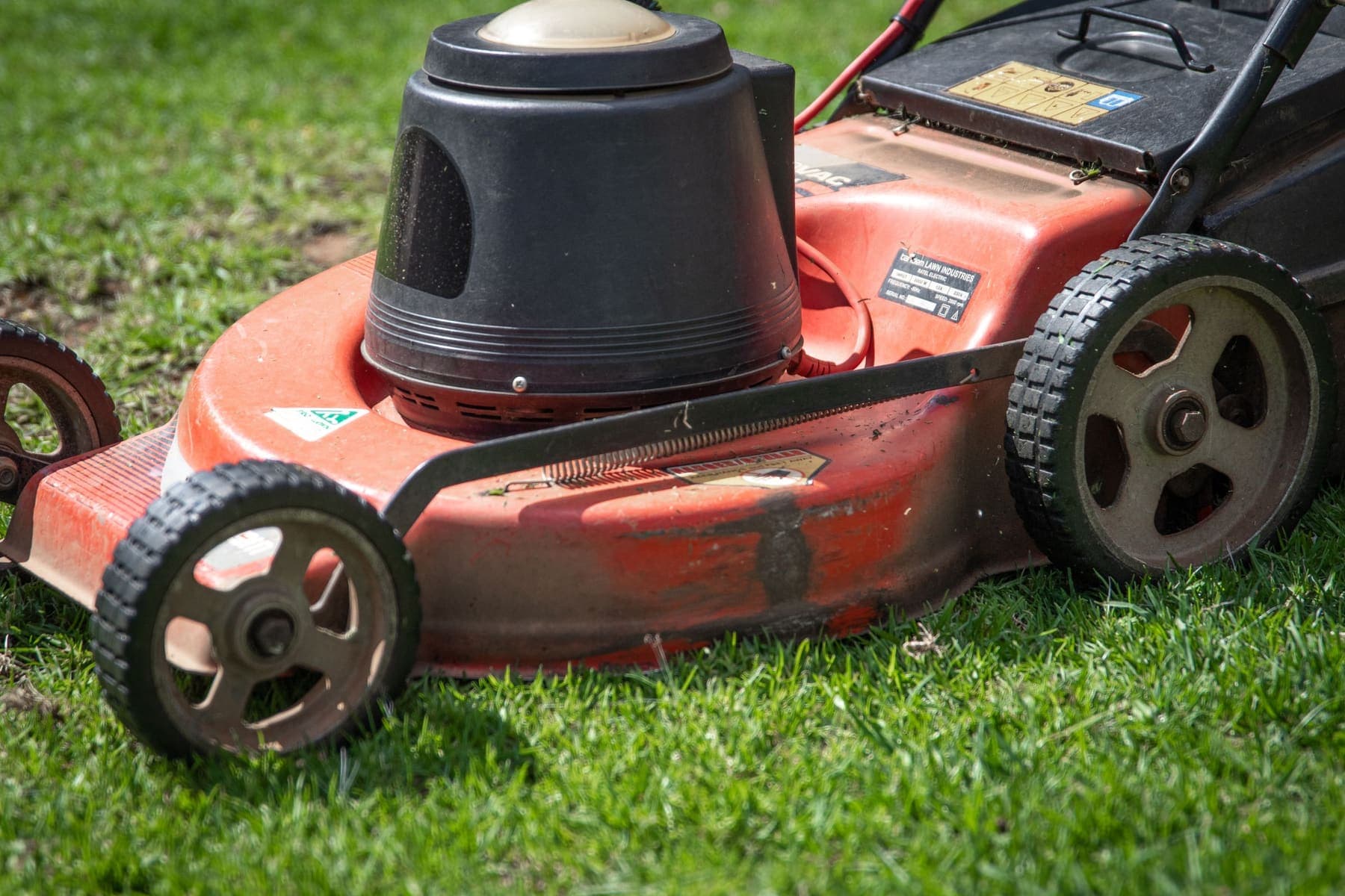 Red push mower on a lawn